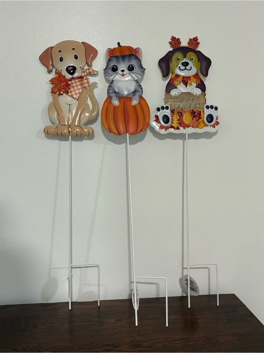 NWT- Set of 3- Adorable Fall Harvest Theme- Dog & Cat Metal Yard Stakes